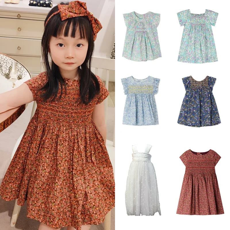 In Stock 2026 BP NEW Spring Summer Baby Girls Embroidered Dress Floral Print Shirts and Skirts Kids Clothes Girls Smocking Dress