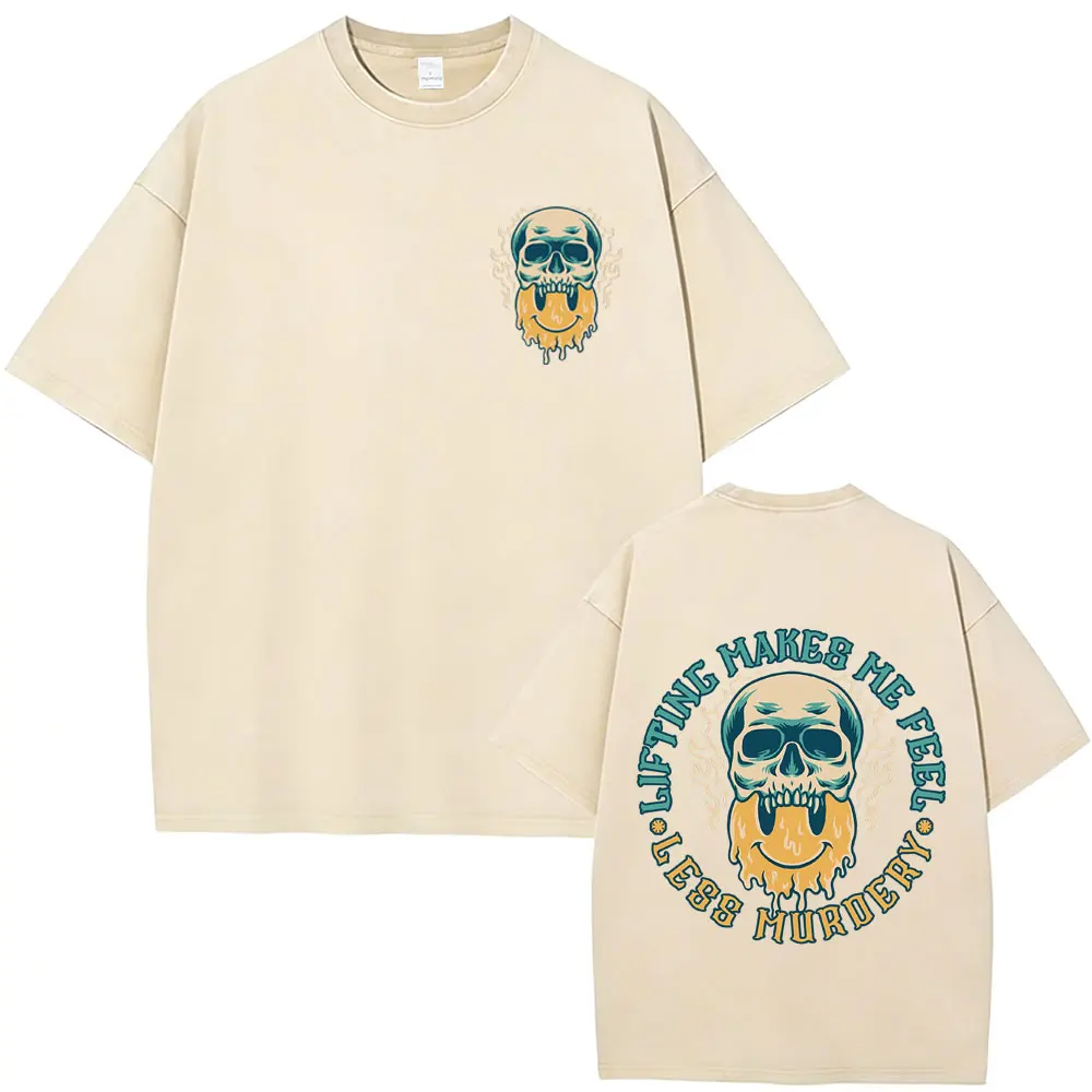 

Lifting Makes Me Feel Less Murdery Skeleton Print Vintage Washed T Shirt Men Women Gym Fitness Casual Cotton Oversized T-shirts