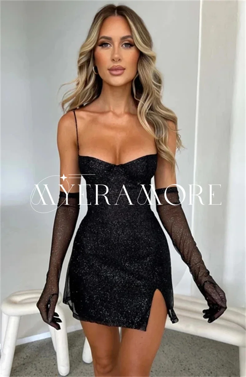 

Sexy Glitter Mini Dresses for Women Spaghetti Straps Side Split Long Gloves Cocktail Party Gown Customized فساتين سهرة