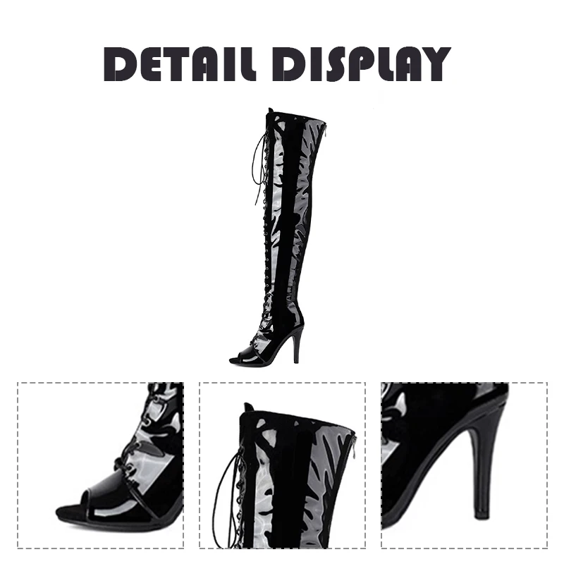 Leather Black High Women Heels Soft Peep Toe Boots Stilettos Long Jazz Dance Ov… - Image 5