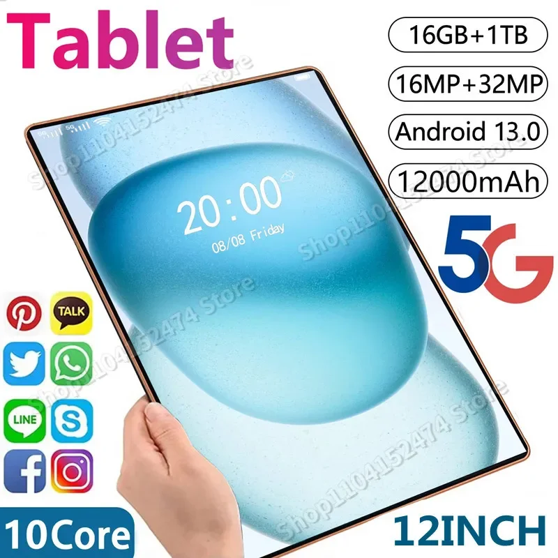 2024 New 12 inch Network Android 13.0 Tablet 16GB RAM 1TB ROM 16MP 32MP 10 Core 12000mAh tablet 4 5G Wifi Tablet PC