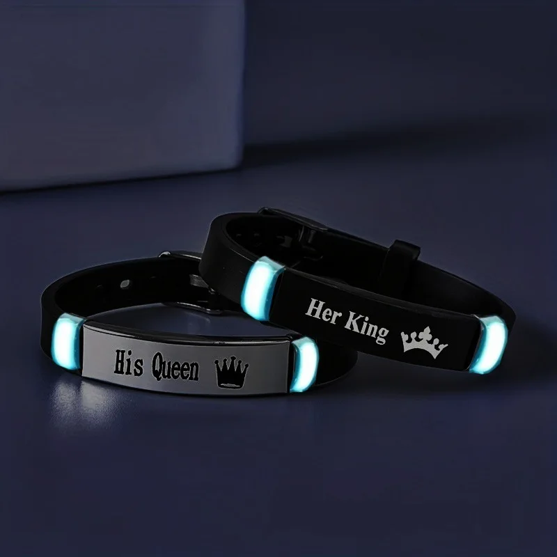 

2Pcs Glow-in-the-Dark Stainless Steel Bracelets Adjustable Silicone Strap Blue Glowing Bangle Couple Valentine's Jewelry Gift