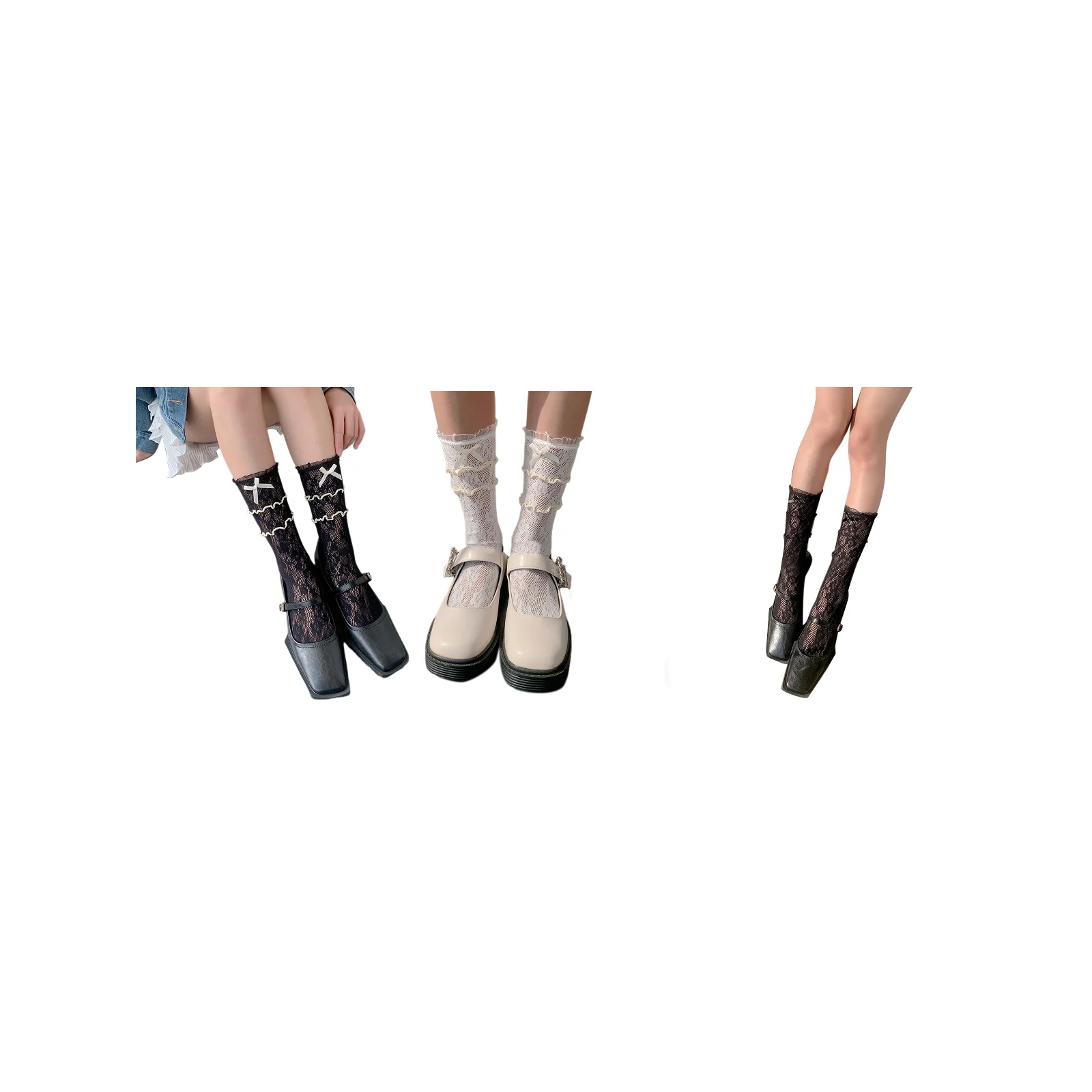 

Lace socks piled socks combination pack: black rice edge + white rice edge + black 1 pair each