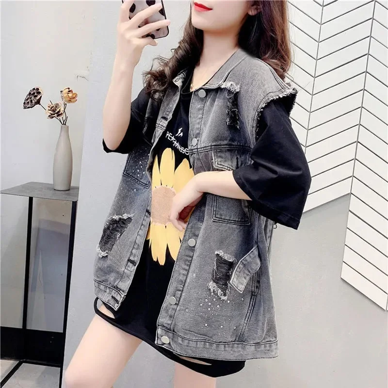 Hole Denim Vest Coat Women Waistcoat 2023 Spring Summer New Schoolgirl Loose Korean Sleeveless Jacket Lady Sleeveless Coat