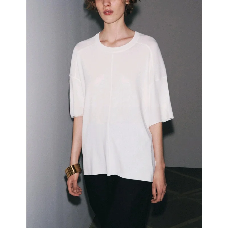 T-shirt lavorata a maglia rotonda Ne ort Sve dalla vestibilità ampia Sle da donna Nuovo arrivo invernale Faion Design semplice in fibra di poliestere