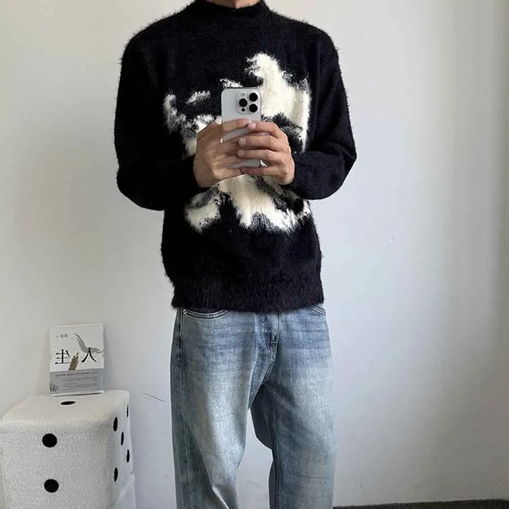New Autumn Men's Contrast Color Long-Sleeved Sweater American Retro Fashion Trend High Street Loose Casual Niche Men's Tops