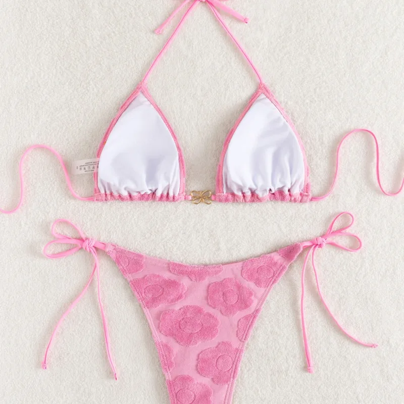 マイクロビキニ プッシュアップ レディース 水着 2025 セクシー水着 ブラジリアンビキニセット ピンク ビキニ プリント水着 バンドゥ ビーチウェア