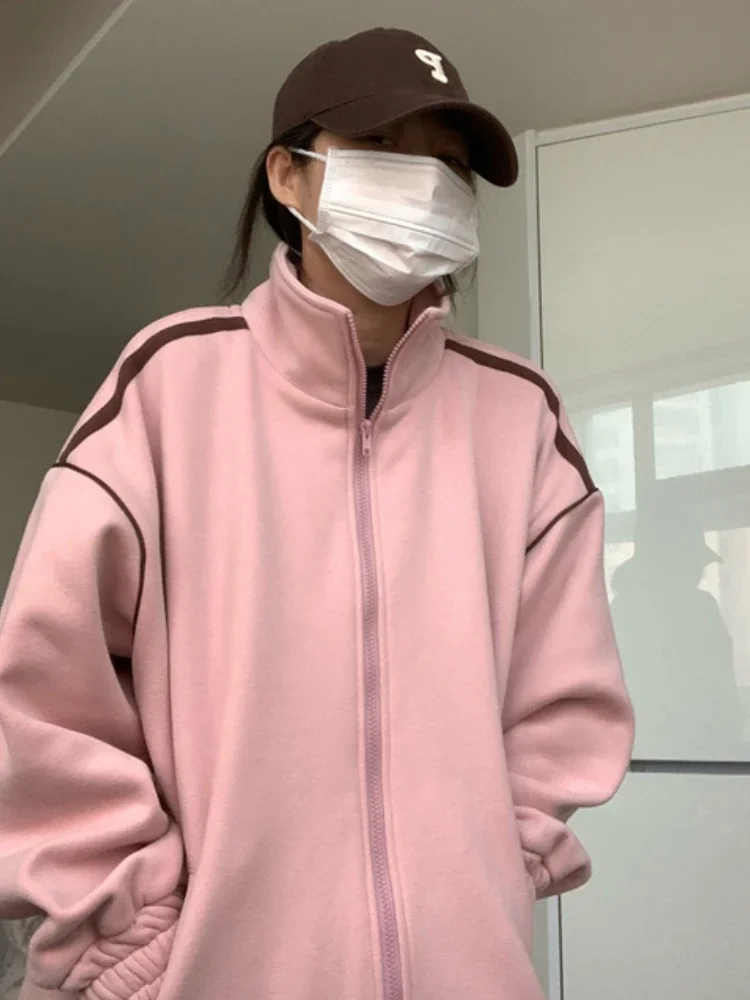 2025 Harajuku Casual sudaderas con capucha mujeres Y2k estética suelta contraste Color Patchwork abrigos ropa de calle cremallera gruesa Grunge sudaderas