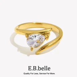 E.B.belle Wing Shaped White Zirconium Water Droplet Ring 18K Gold Plated Accessories 316L Stainless Steel Decoration