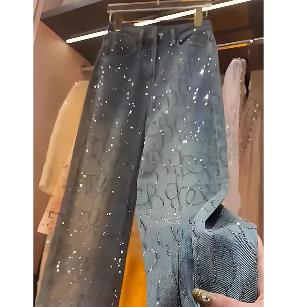 Jeans Berlian Wanita 2025 Celana Kaki Lebar Paku Keling Berkilau Trendi Musim Semi Musim Gugur Celana Denim Longgar Lurus Wanita