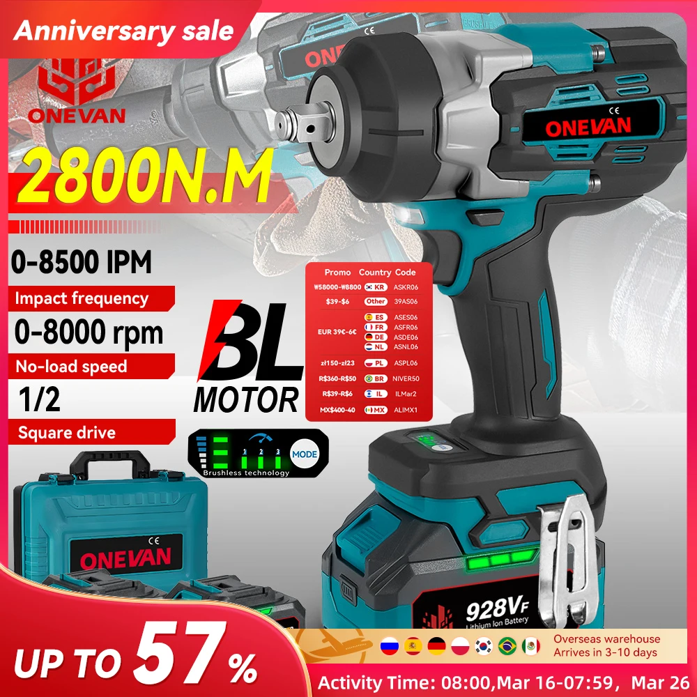 2800N.M Brushless Electric Impact Wrench 2800W 1/2 Inch Cordless Torque Wrench Screwdriver Power Tool For Makita 18V Battery