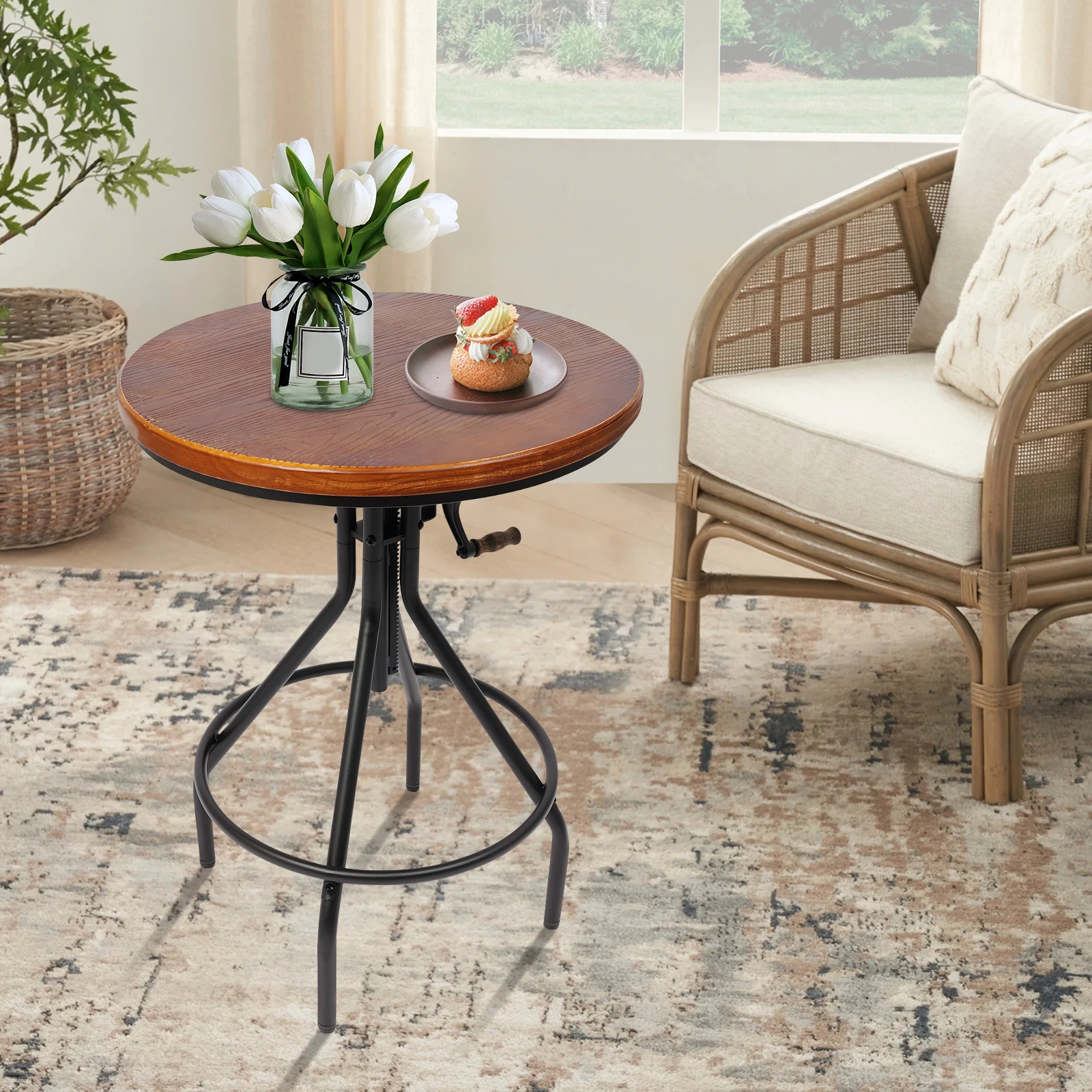 

Black Iron Solid Wood 60x60x(75-90)cm Lifting Bar Table Industrial Wind Adjustable Height Hand Lifting Side Table