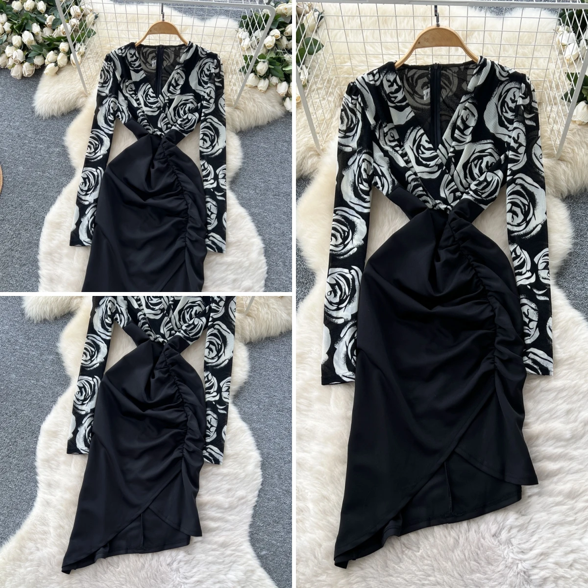 

Mid Length Dress Women Dresses Slim Fit Vestidos Full Sleeve V Neck Print Elegant Irregular Y2k Streetwear Work Party Night