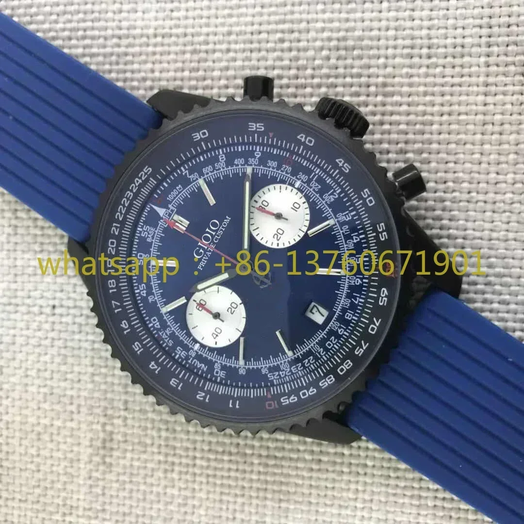 Luxury New Quartz Chronograph Men Watch Stainless Steel Black Blue Rubber Sapphire Glass With Date