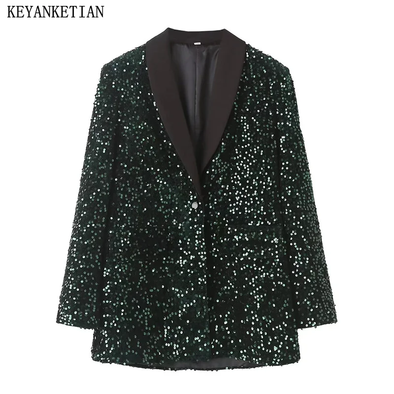 

KEYANKETIAN 2024 New Launch Women's Sequined Decoration Suit Spring Patchwork Button-up Luxury Shiny Blazer Outerwear Female Top