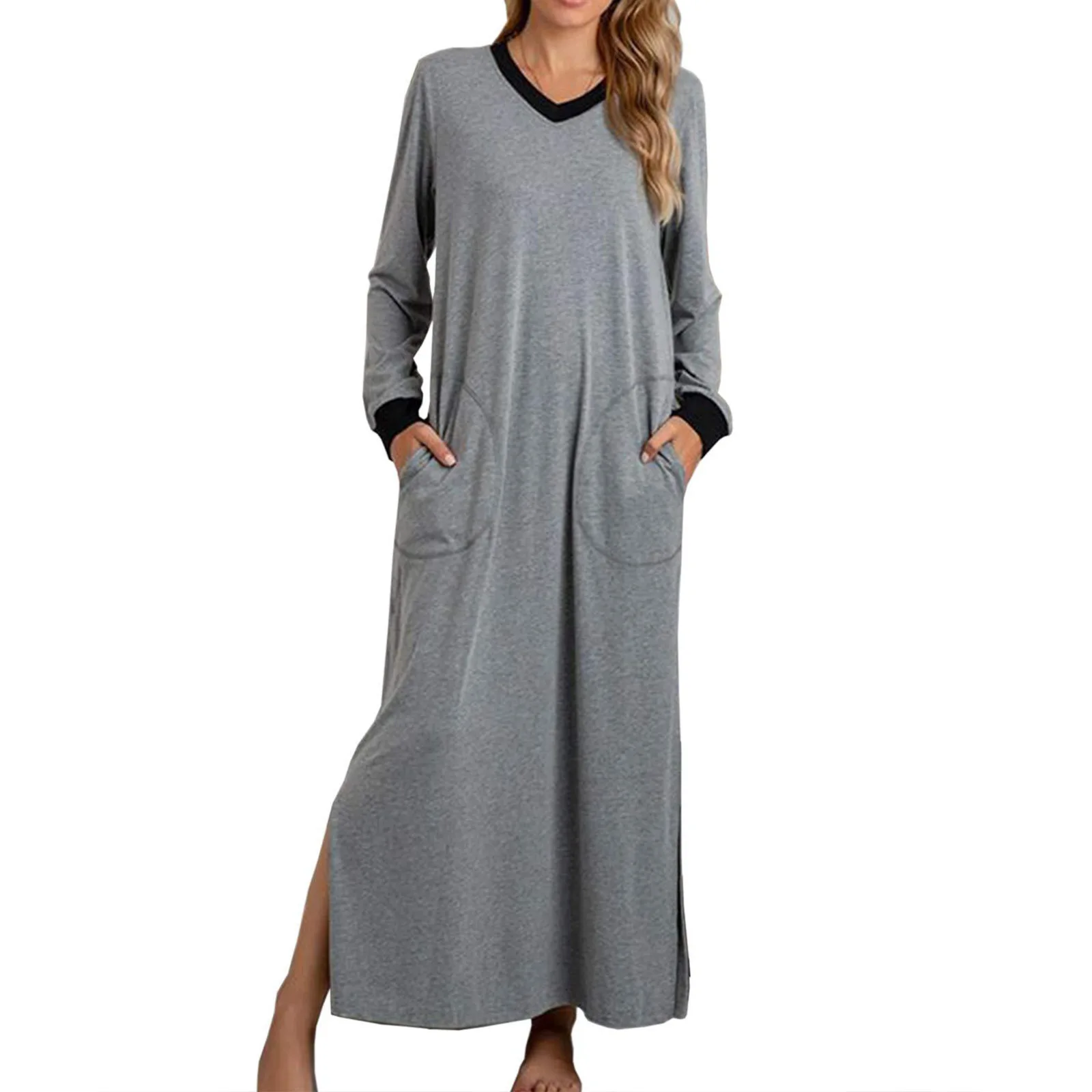 Mixed Cotton Night Dress Women Loose Long Sleeve Robe Nightdress V-Neck Split Female Nightgown Soft Nightwear Vintage Nightgowns