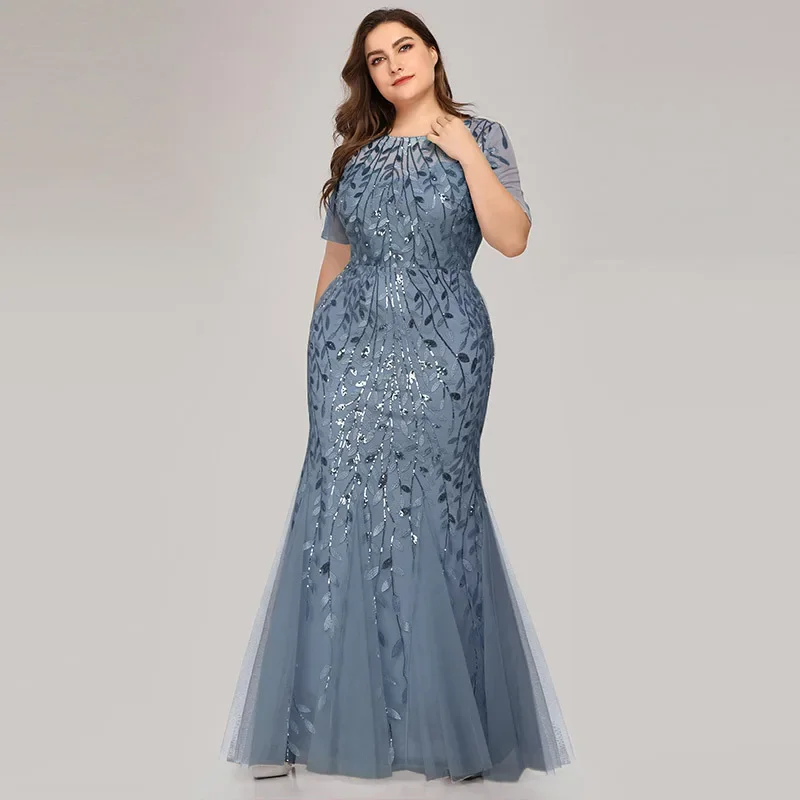 Personalizado sereia vestido de noite lantejoulas tule robe de soiree o pescoço até o chão plus size manga curta mulher festa formal vestido