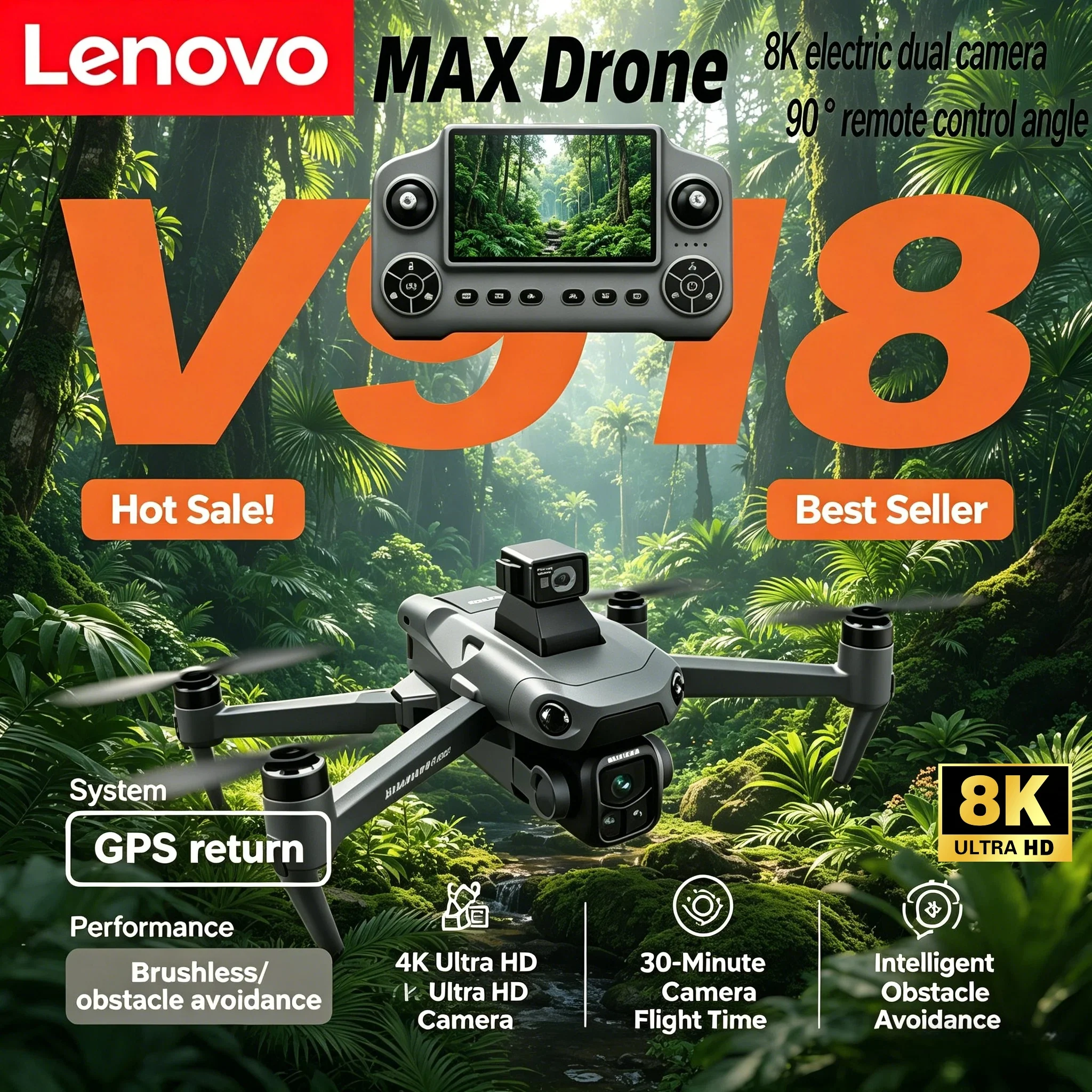 V918 Max 프로페셔널 RC 쿼드콥터 8K GPS 카메라 3000M FPV LCD 화면 리모컨 레이저 장애물 회피 드론 선물