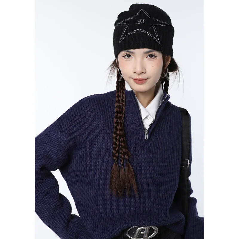 Women Navy Blue Sweater Fashion Vintage Leisure Lazy Wind Loose Winter Female Thicken Warm Long Sleeve Knitting Pullover