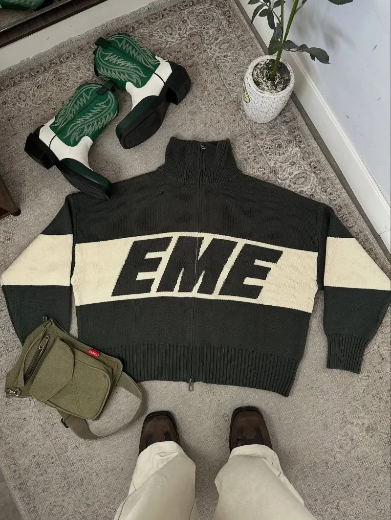 EMESTUDIOS شارع العليا Harajuku الربط سستة محبوك سترة الرجال والنساء سترة غير رسمية الأمريكية رسالة معطف مطرز