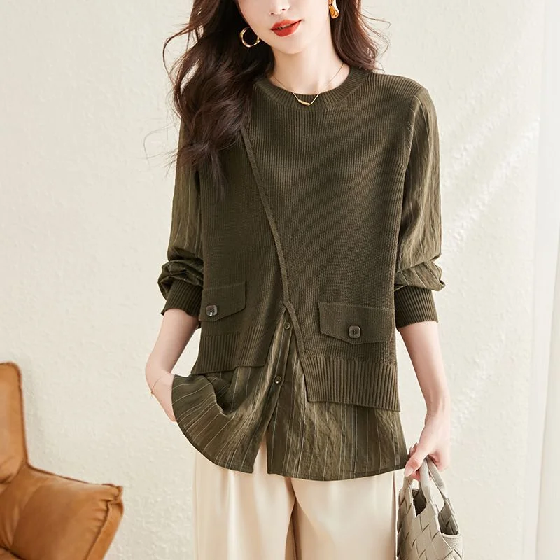 

Spring and Autumn New Women's Fashion Sweater Loose Fake Two-piece Knitted Long Sleeve Top