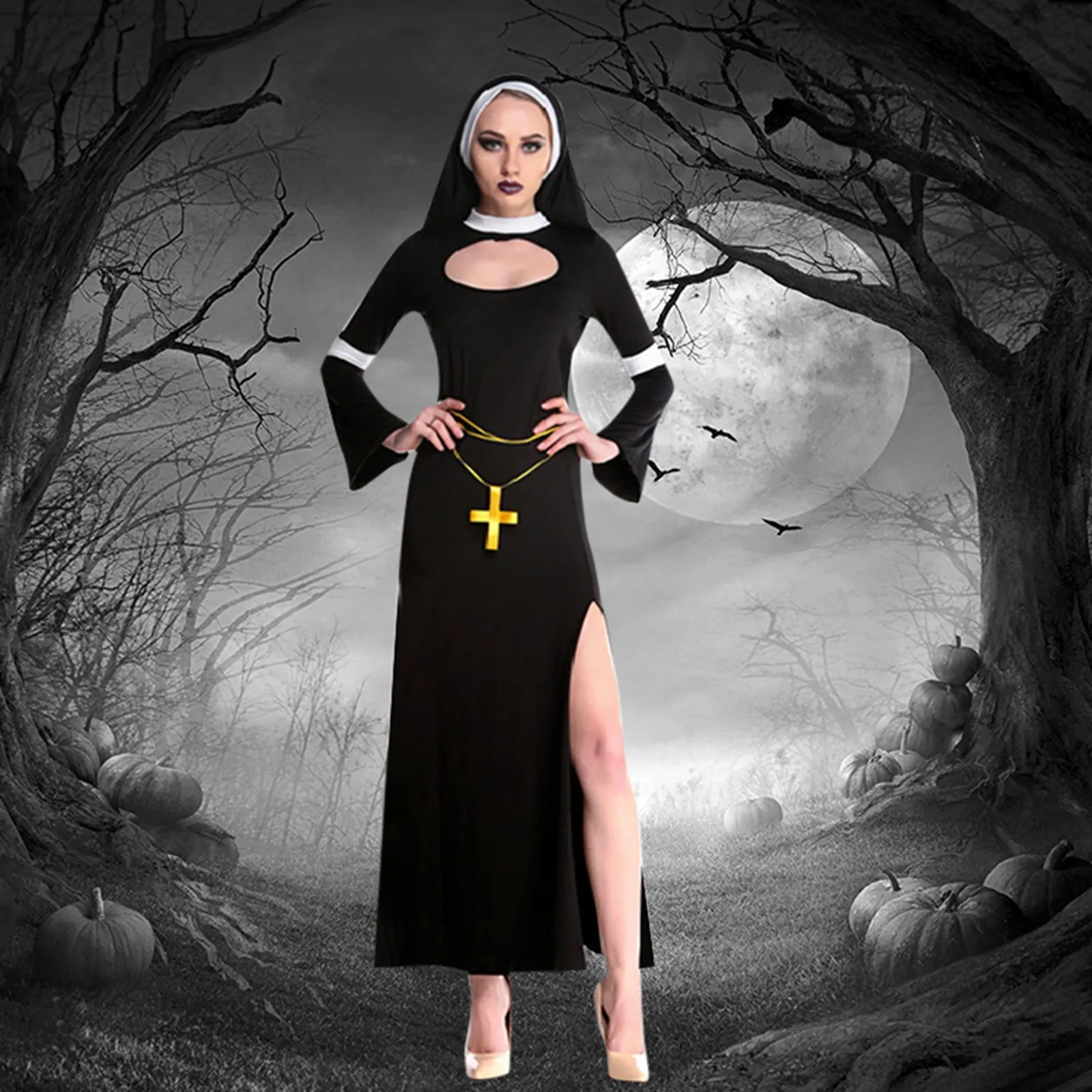 Sukienka z rozcięciem Zła sukienka na imprezę Halloween Masquerade Demon Sinful Sister Straszne kostiumy Długie szaty Lady Spooktacular Zakonnica Cosplay