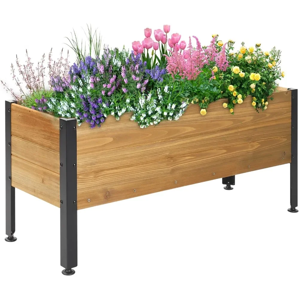 Wood Rectangular Garden Planter Box Raised Bed Outdoor,Planters for Outdoor Plants 37x13x15in Elevated Herbs Vegetables Flowers