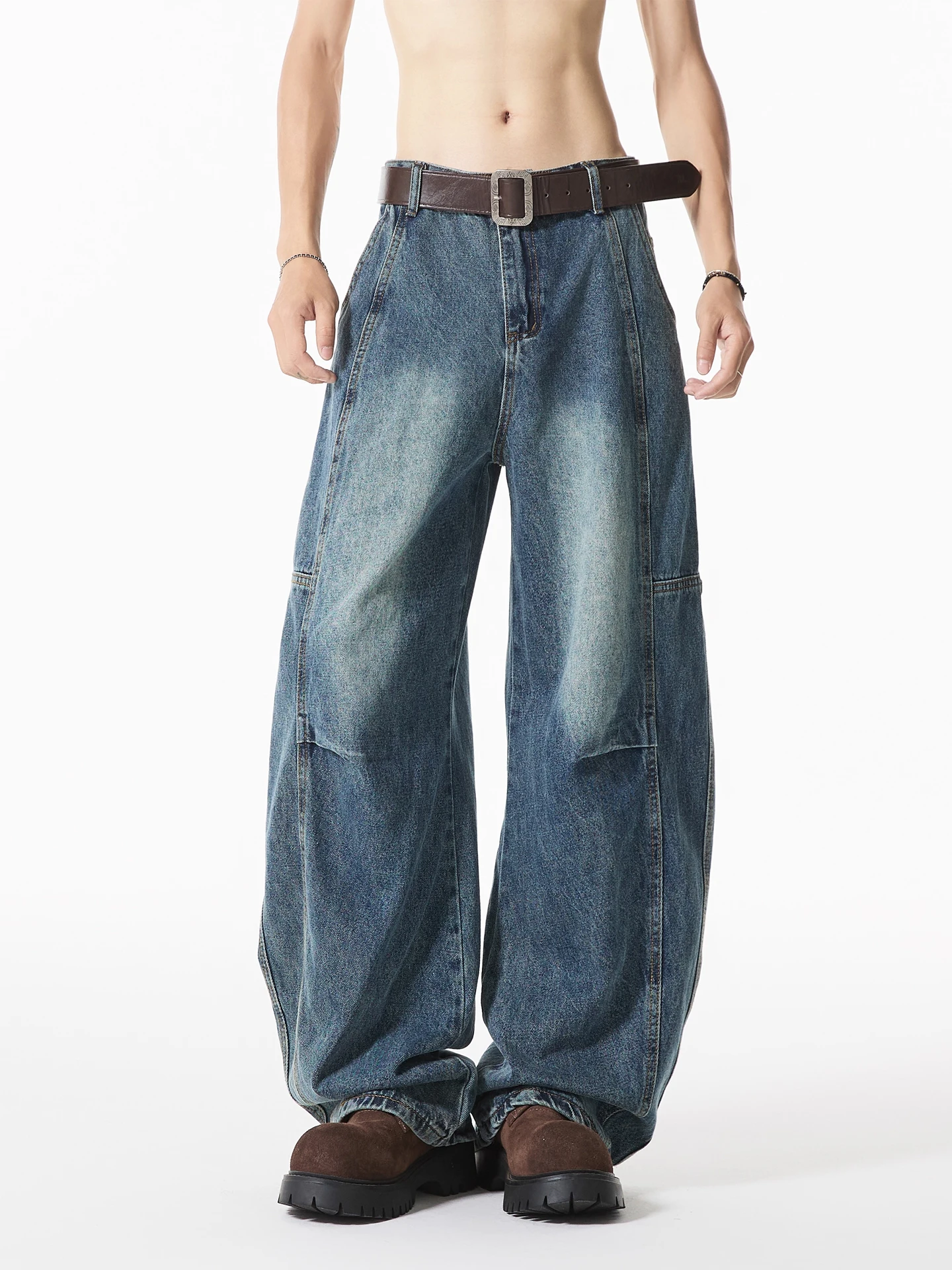 

American Retro Blue Hiphop Workwear Jeans Men's Loose Wide Leg Trousers Spring Autumn Distred Pleated Pants Casual Sle