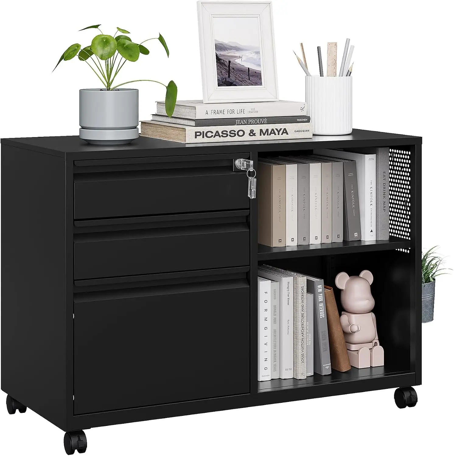 3 Drawer File Cabinet with Lock, Metal Lateral Rolling Printer Stand Office Storage Filing Cabinets for Home Office,A4, Letter,F