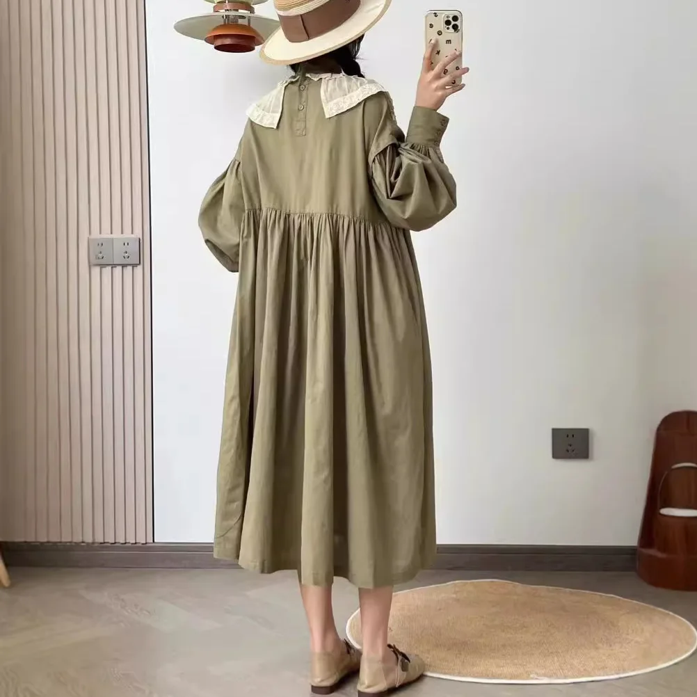 [Bereit auf Lager] Hochwertige Damen-Blusen-Hemdkleider aus 100 % Baumwolle, Lotusblatt-Kragen, lockeres, langes Kleid mit Fleischüberzug