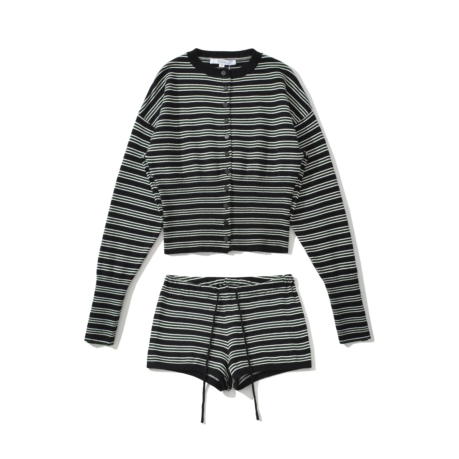 

Fall American Retro Striped Long Sleeve Knitted Open Cardigan T-Shirt Casual Belted Shorts Set Women's Fashion Top