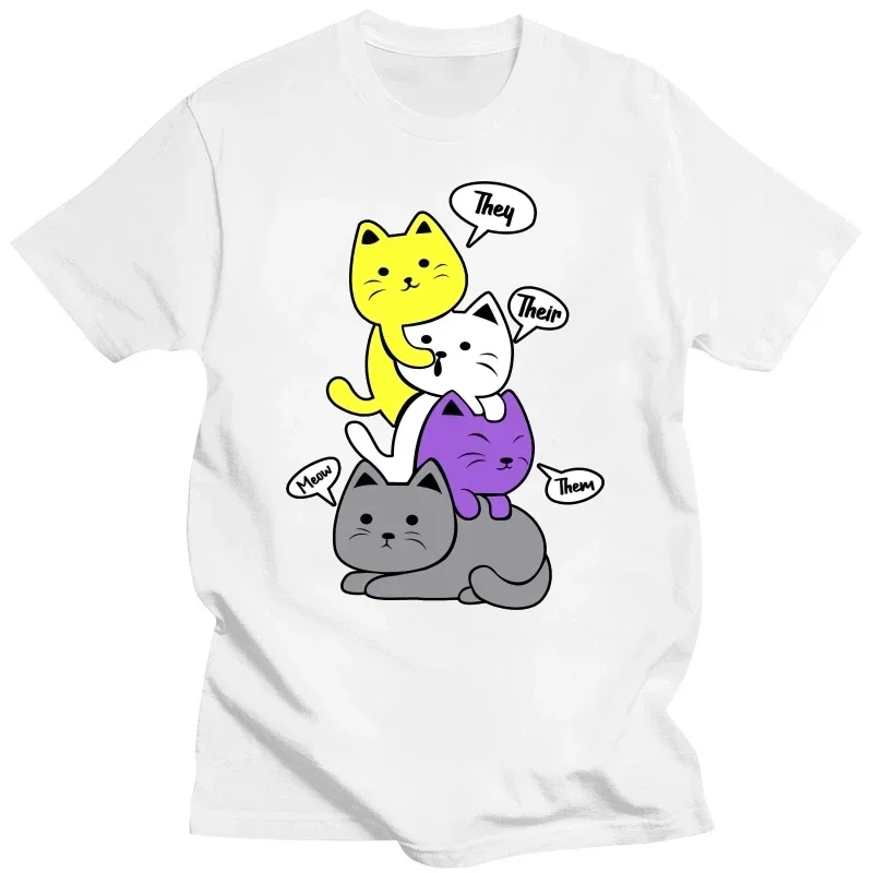 Nonbinary They Their Them Graphic Cotton Streetwear Short Sleeve Birthday Summer T-shirt Cat Cute Non-Binary Flag Kawaii TShirt