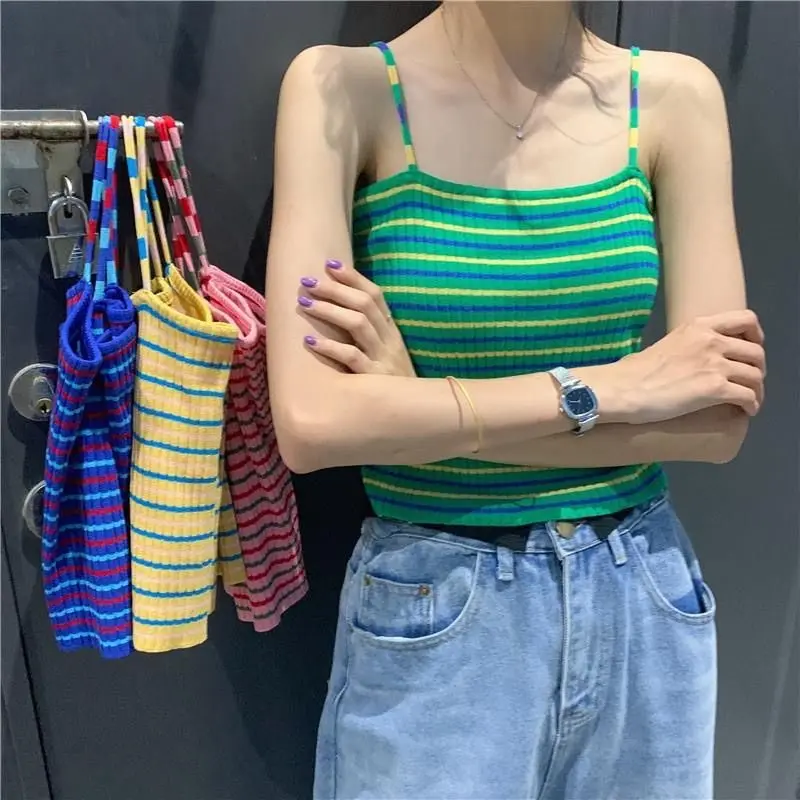 2024 Women\'s Summer New Elegant Camouflage Color-blocked Knitted Halter Short Bottom Striped Sexy Sleeveless Vest Camisole Tops