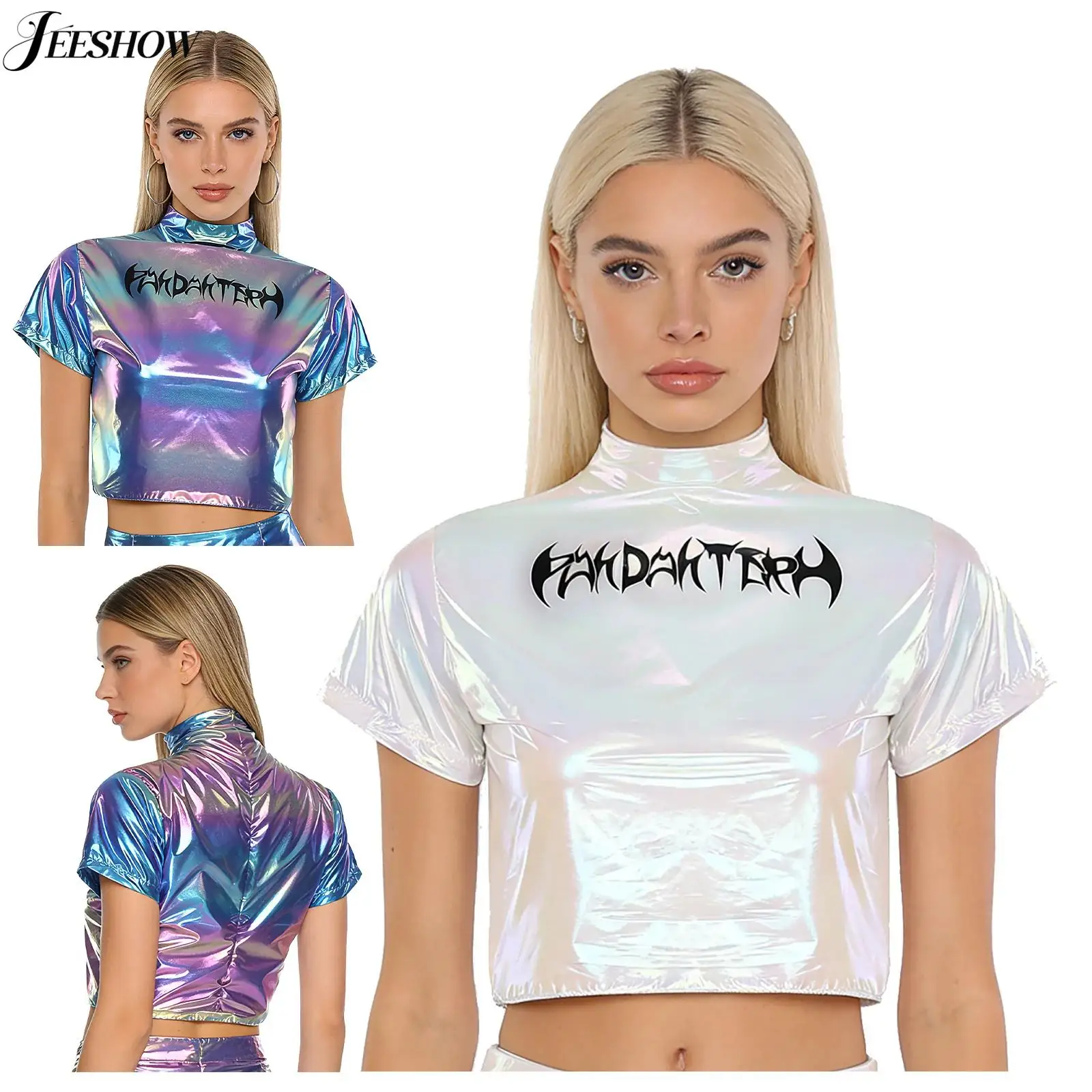 

Женский укороченный топ для джазовых танцев, голографическая блузка для рейв-вечеринки, блестящая металлическая блузка в стиле панк с коротким рукавом, облегающие футболки