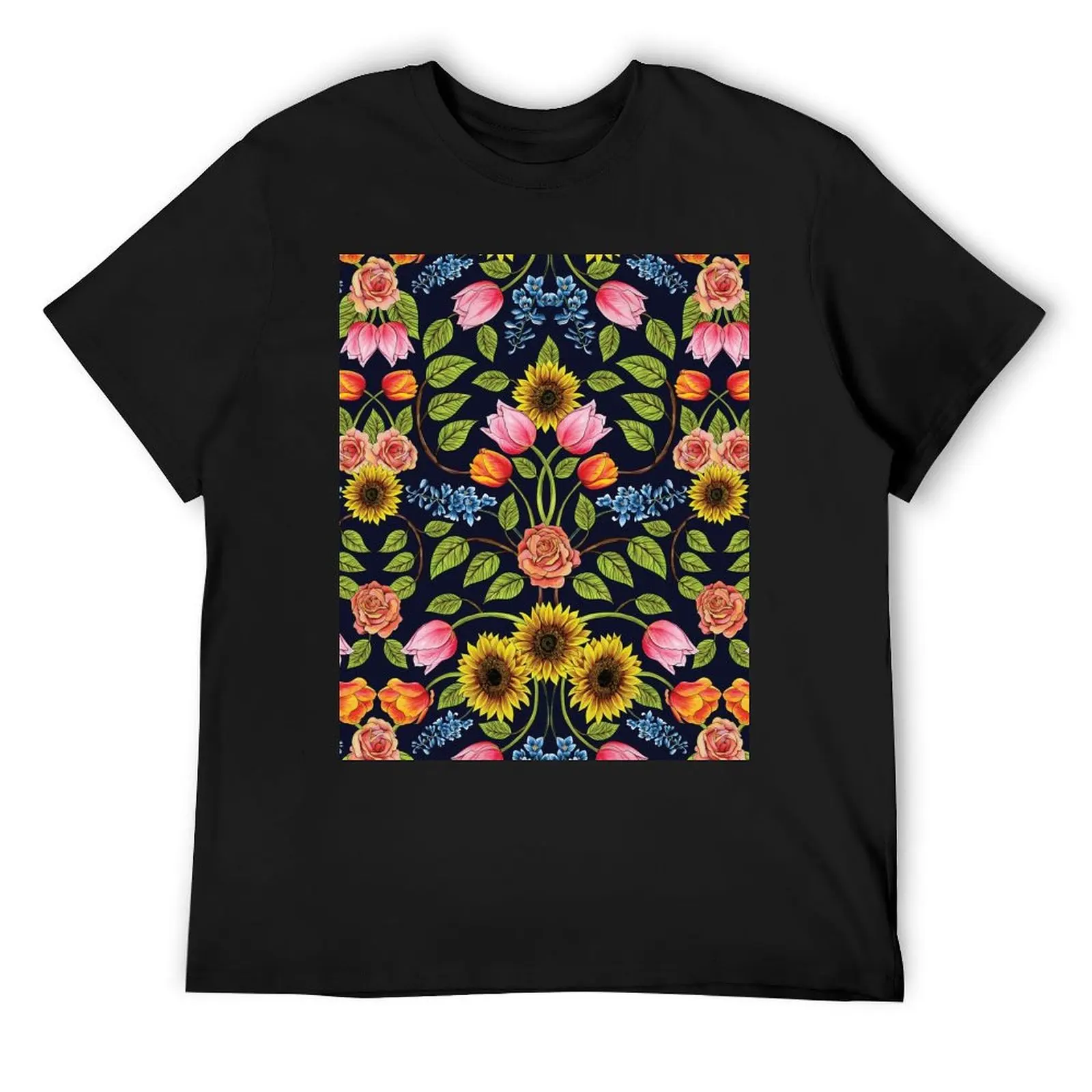Dunkler Blumendruck – Sonnenblumen, Tulpen, Rosen und Delphinium T-Shirt. Anime-T-Shirt, Geschenke für Freund-Outfits für Männer