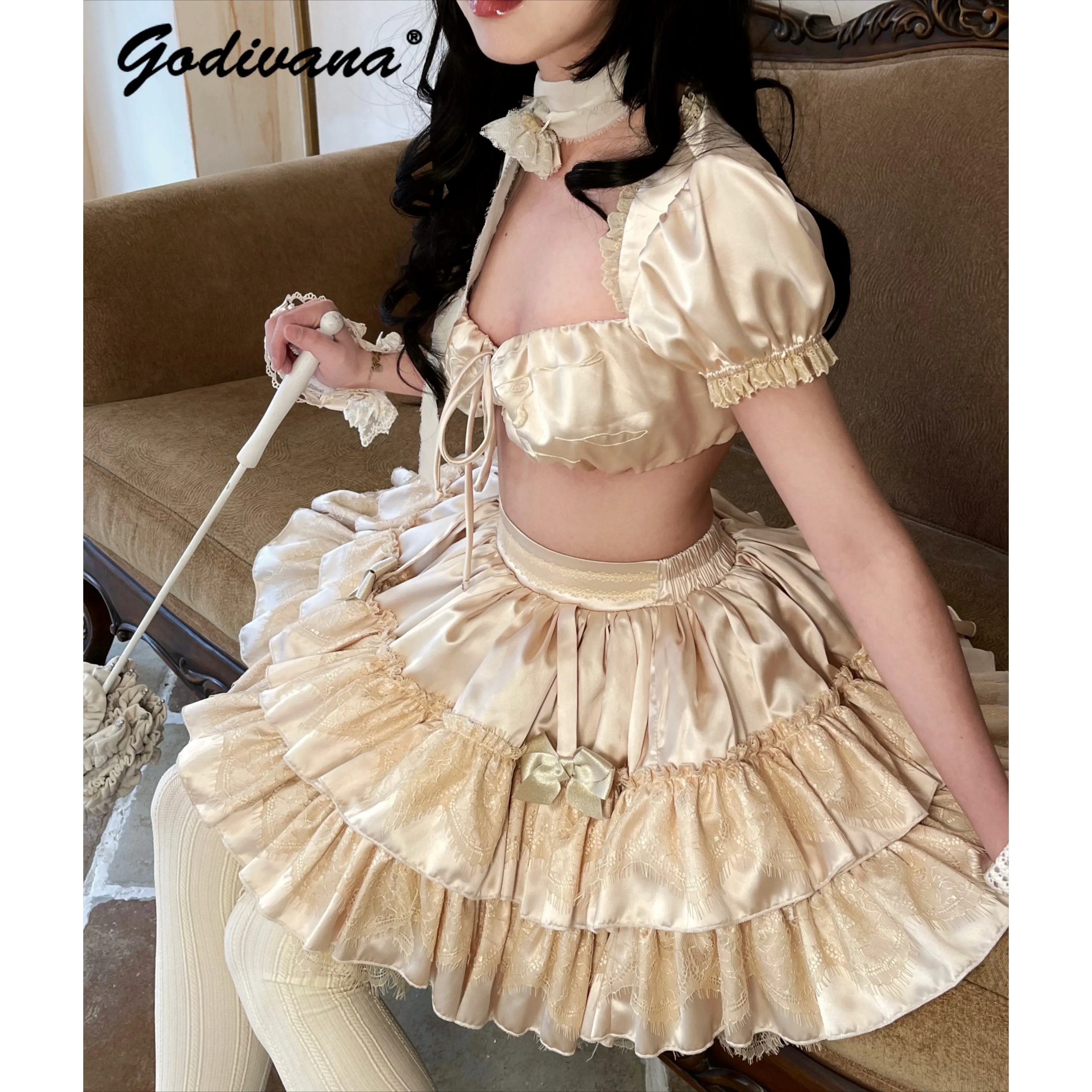 Nololita 3Th Anniversary Sll-match Short Cake Skirt SK Female Girls Lolita Sweet High Waist Bow Lace Satin Pettiskirt