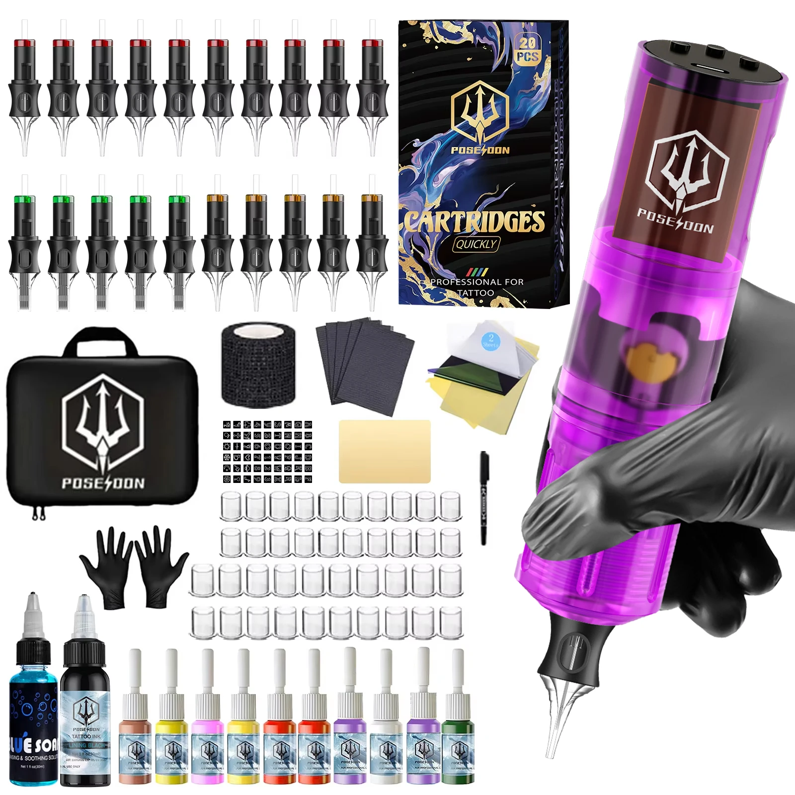 

Tattoo Kit POSEIDON V5 New Tattoo Pen Kit For Permanent Makeup Tattoo Machine Kit High Power Tattoo Power Supply Tattoo Gun Kit