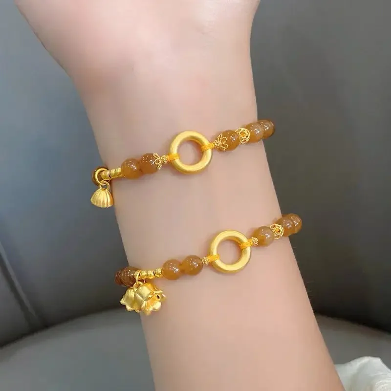 Cute Girl Natural Stone Round Bead HandString Safe Buckle Bracelet Women's Gold Color Lotus Canopy Lilies Charms for Girlfriend