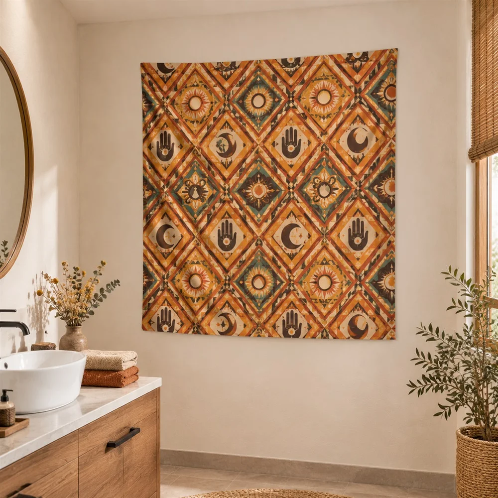 VIKAMA Macrame Knot Pattern Allover Pattern Tapestry Wall Hanging, Bohemian Wall Decor Tapestries for Bedroom Living Room Study