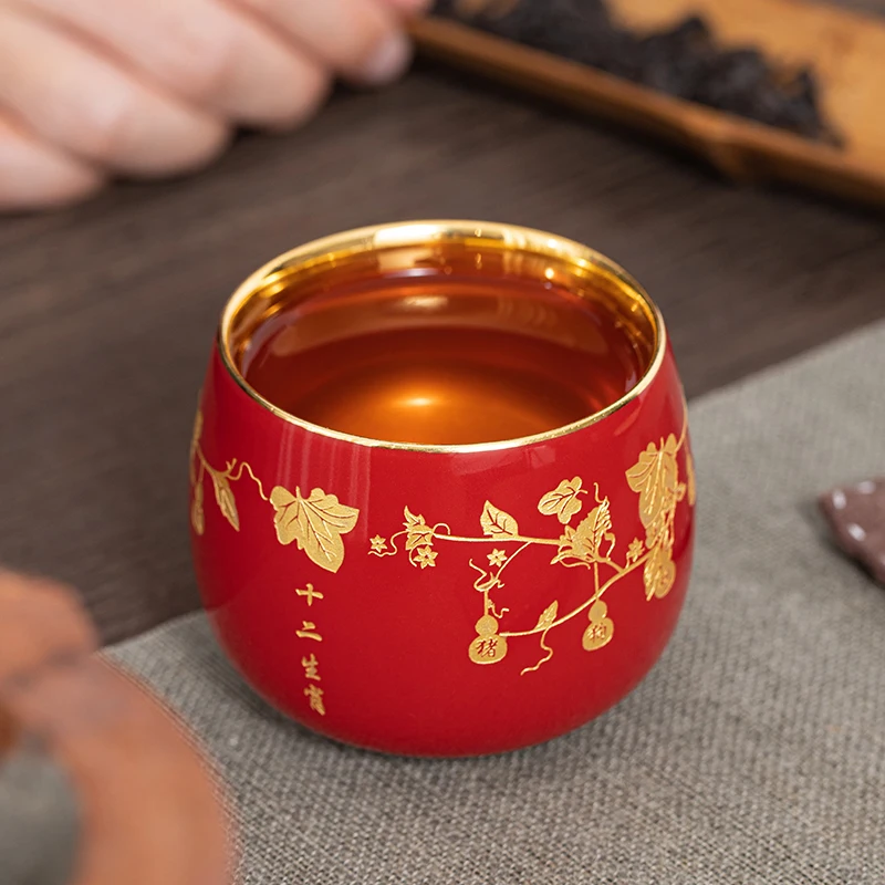 |luxury large-sized Chinese Zodiac single cup pure gold gilded special tea cup high-end gift host tea Jian Zhan tea bowl