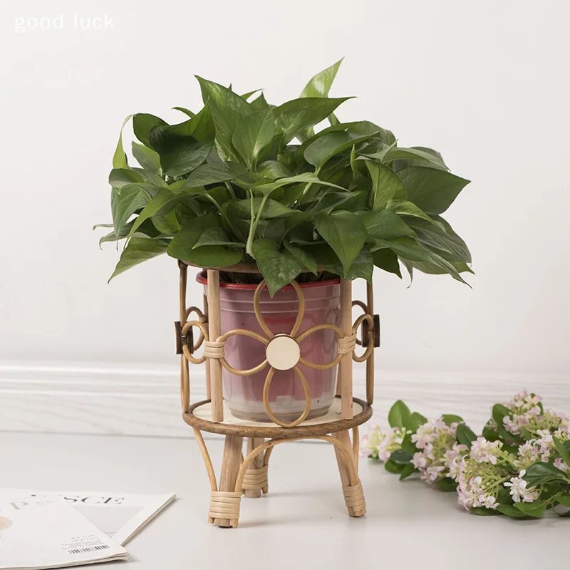 Hollow Flower Stand Hand-woven Imitation Rattan Plant Tripod Stand Pastoral Flower Baskets Stand Balcony Planter With Wooden Leg