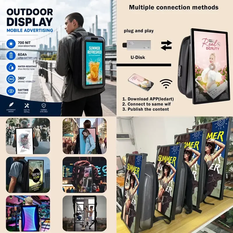 21.5 Inch Mobile Advertising LCD Backpack Wearable Digital Signage with 60000mAh Battery Power Outdoor Walking  Poster