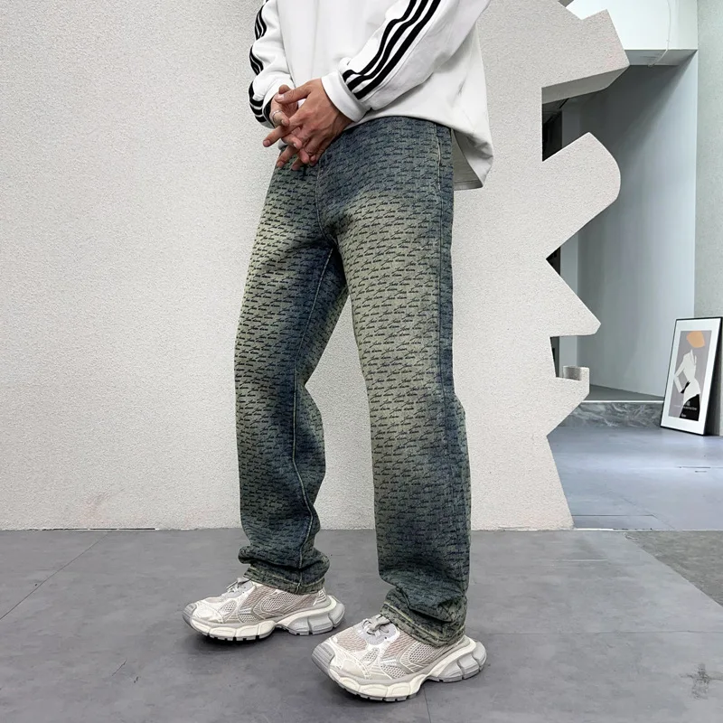 High-End Quality Fashionable Printed Jeans Men's Autumn 2024 New Retro Washed Loose Wide Leg Straight Denim Trousers