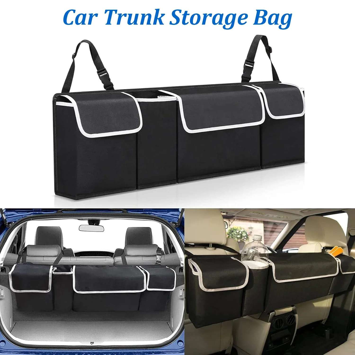 Car Trunk Organizer Universal Adjustable Auto Storage Bag Capacity Backseat Clean Storage Vehicle Cargo Mesh Holder Pocket Black