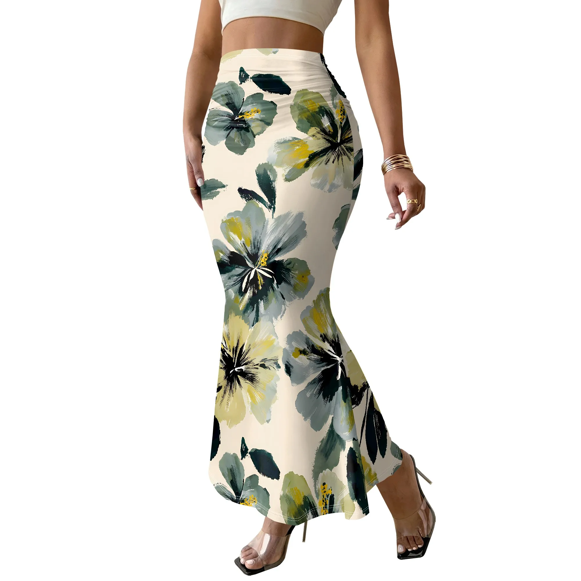Floral Print Mermaid Skirt, High Waist Bodycon Midi Skirt, Summer Beach Vacation Outfit, S-3XL