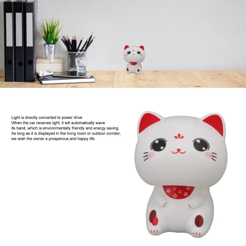 Plastic Lucky Cat Figurine 2.36*2.17*2.68 in Cat Auspicious Cat Ornament White Solar Powered Waving Cat Office Desk