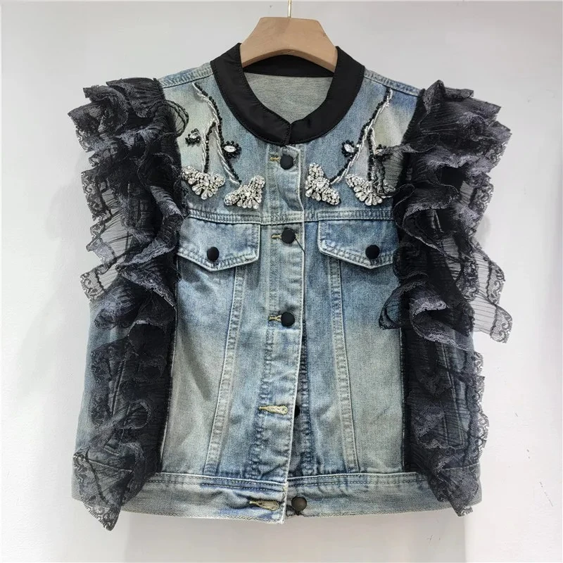 

Denim Vest with Black Ruffle Sleeves - Crystal Embellished & Distressed Design, Gothic Y2K Streetwear for Bold Daily Fashion