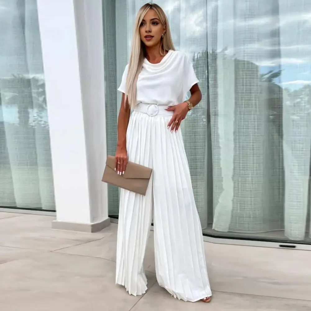 Formal Occasion Jumpsuit Elegant Women's Wide Leg Jumpsuit with Belted Waist Pleated Collar for Formal Occasions Office Wear