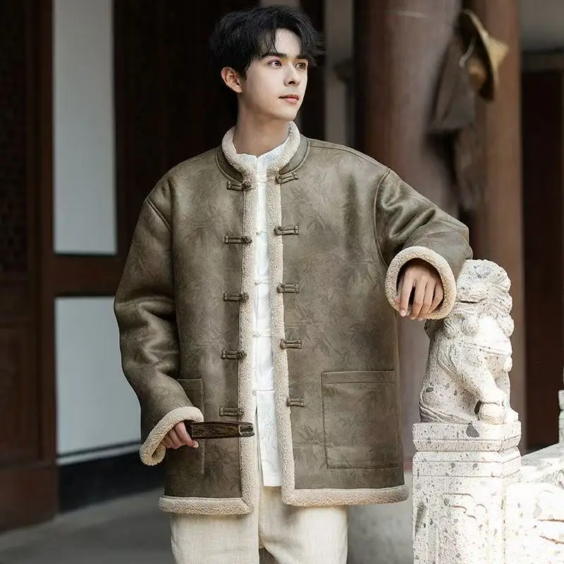 

National Style Winter Men's Thicken Plush Bamboo Jacquard Tops Traditional Han Buttons Overcoat New Chinese Warm Jacket Male