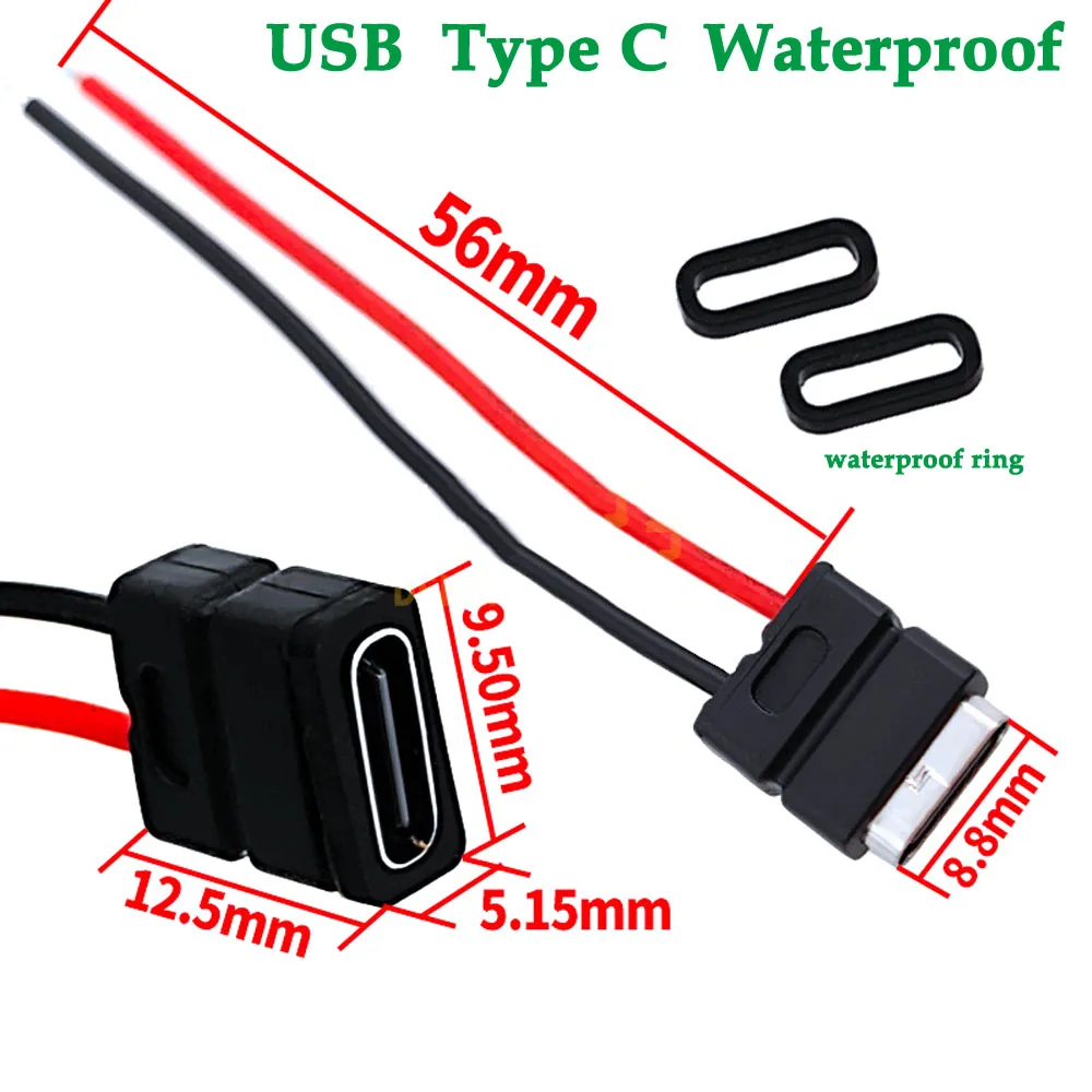 2Pin USB-C Type IPX5-7 Waterproof USB Connector Direct Compression Female Base Female Socket Charging Interface With Welding